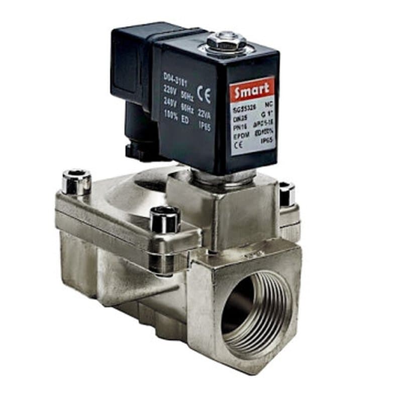 Клапан электромагнитный Smart SG-5532SS 1 Ду25 Ру16 пилотного действия, нормально закрытый, корпус - нержавеющая сталь, мембрана - VITON, DC 24v