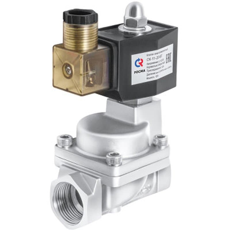 Клапан электромагнитный Росма СК-21-ВТ G1 Ду25 Ру30 стальной, нормально открытый, непрямого действия, поршень - PTFE, с катушкой 220В