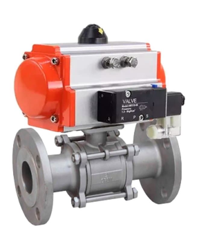 Кран шаровой КШФПТ-ISO.316.180 Ду20 Ру40 трехсоставной из нержавеющей стали SS316, фланцевый, полнопроходной с пневмоприводом DA-052 и пневмораспределителем 4M310-08 24VDC