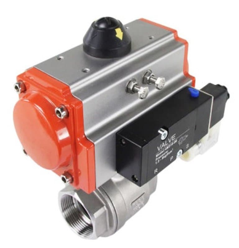 Кран шаровой КШМП 316.230-ISO Ду25 Ру63 полнопроходной муфтовый, нержавеющая сталь SS316, внутренняя резьба, с пневмоприводом DA-052 и пневмораспределителем 4V320-10 AC220V