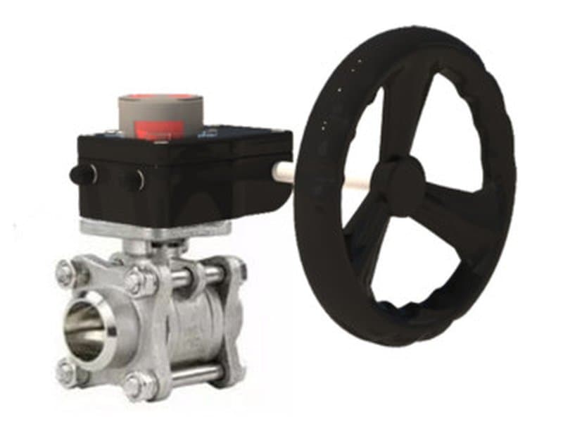 Кран шаровой полнопроходной КШПП 316.200-ISO Ду25 Ру63 под приварку, материал корпуса - нержавеющая сталь SS316 с ISO фланцем и редуктором HGB-1 с индикатором положения