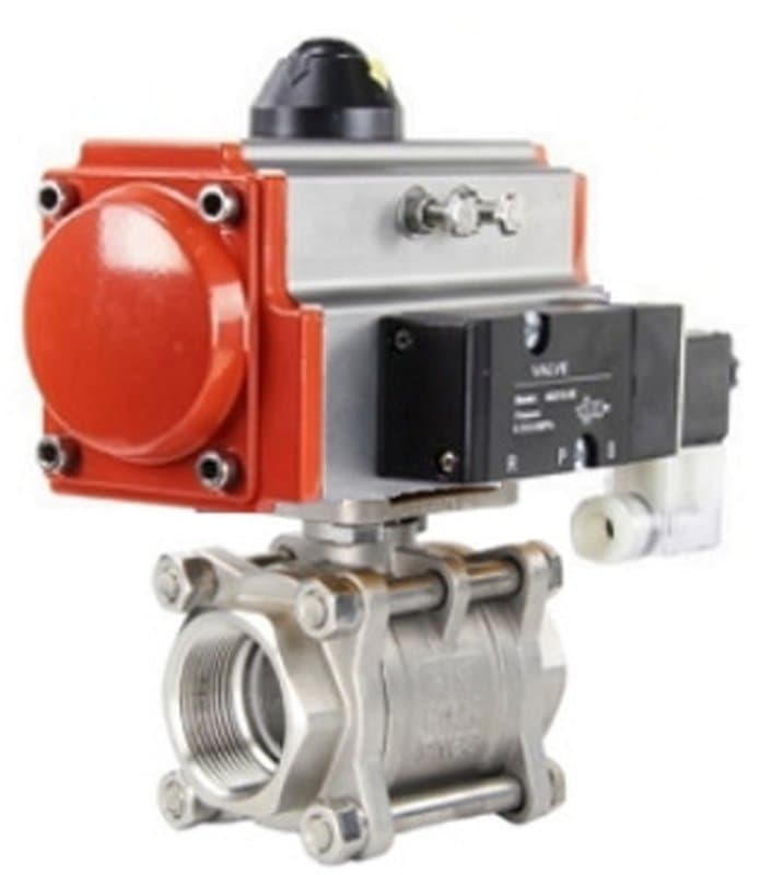 Кран шаровой ABRA BV11 Ду15 Ру40 нержавеющий, полнопроходной, резьбовой с пневмоприводом DA-052 двойного действия и пневмораспределителем 4M310-08 24В