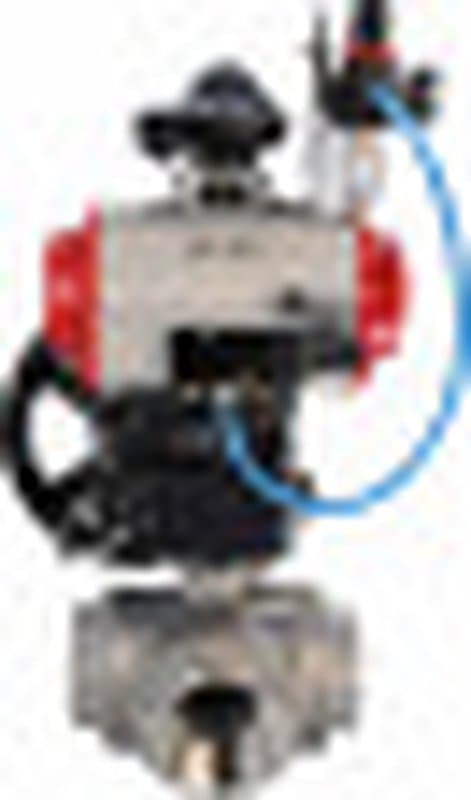 Кран шаровой нержавеющий 3-ходовой T-тип стандартнопроходной RP.SS316.200.MM.032-ISO Ду32 Ру63 SS316 муфтовый с ISO фланцем, пневмоприводом DA-052, пневмораспределителем 4M310-08 220 В, БКВ APL-410N EX, ручным дублером HDM-1 и БПВ AFC2000