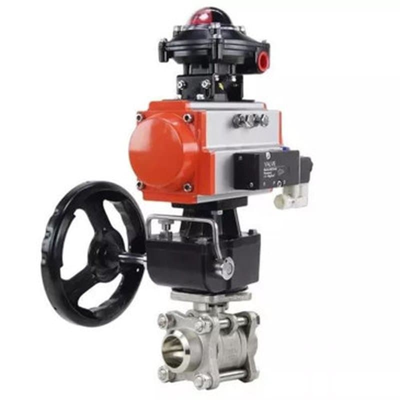 Кран шаровой КШПП 316.200-ISO Ду10 Ру63 SS316 полнопроходной под приварку, корпус - нержавеющая сталь с пневмоприводом SA-052, пневмораспределителем 4M310-08 24V, блоком концевых выключателей APL-410N EX и ручным дублером HDM-1