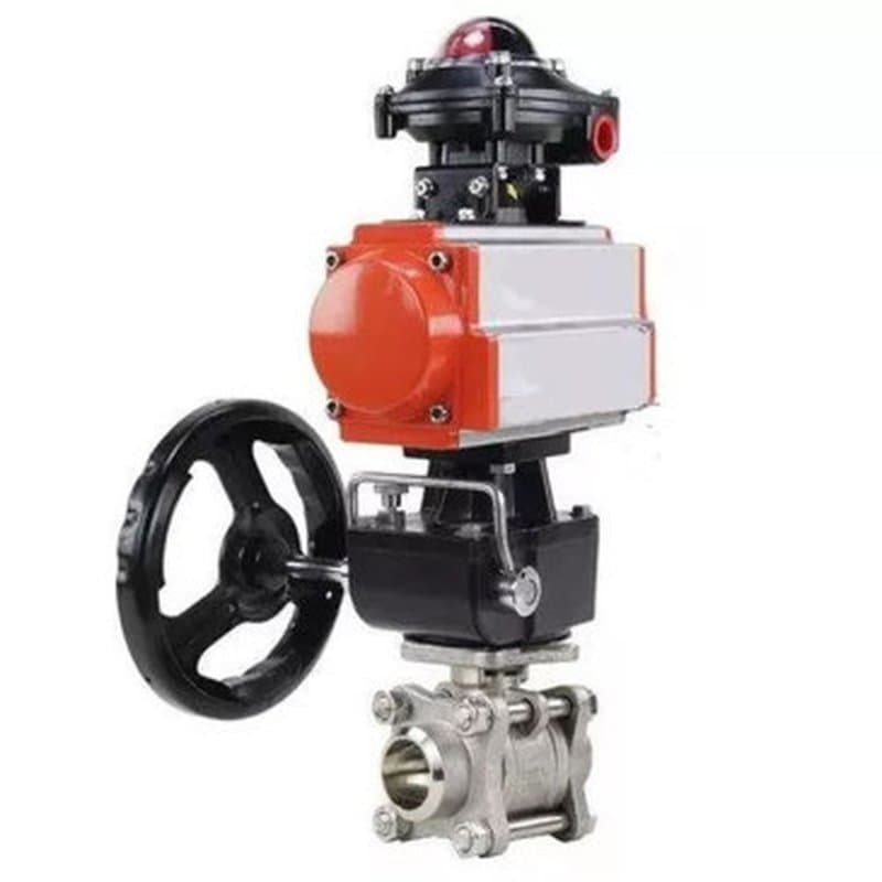 Кран шаровой КШПП 316.200-ISO Ду25 Ру63 SS316 полнопроходной под приварку, корпус - нержавеющая сталь с пневмоприводом SA-052, блоком концевых выключателей APL-410N EX и ручным дублером HDM-1