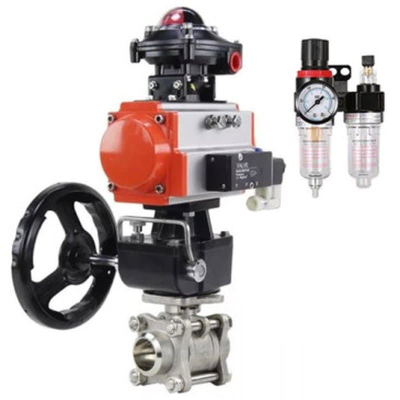 Кран шаровой КШПП 316.200-ISO Ду25 Ру63 SS316 полнопроходной под приварку, корпус - нержавеющая сталь с пневмоприводом DA-052, пневмораспределителем 4M310-08 24V, БКВ APL-210N, ручным дублером HDM-1 и БПВ AFC2000