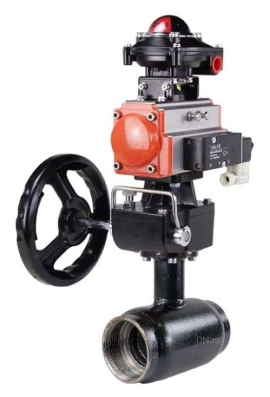 Кран шаровой ALSO КШ.М.Р.065.25-01 2 1/2″ Ду65 Ру25 стандартнопроходной, муфтовый, корпус - сталь 20, уплотнение - PTFE, управление - пневмопривод PA-DA-083 с пневмораспределителем 4M310-08 220В, БКВ APL-210N, ручным дублером HDM-2