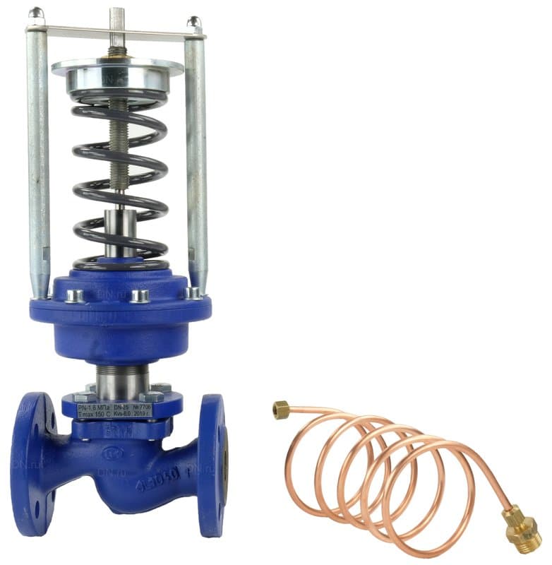 Регулятор давления до себя Теплосила RDT-S Ду25 Ру16 Kvs8 прямого действия, тип RDT-S-1.2 Рп0.24-3 нормально закрытый, корпус - чугун, фланцевый, Tmax до 150°С, диапазон настройки 0.24-3 бар серая пружина