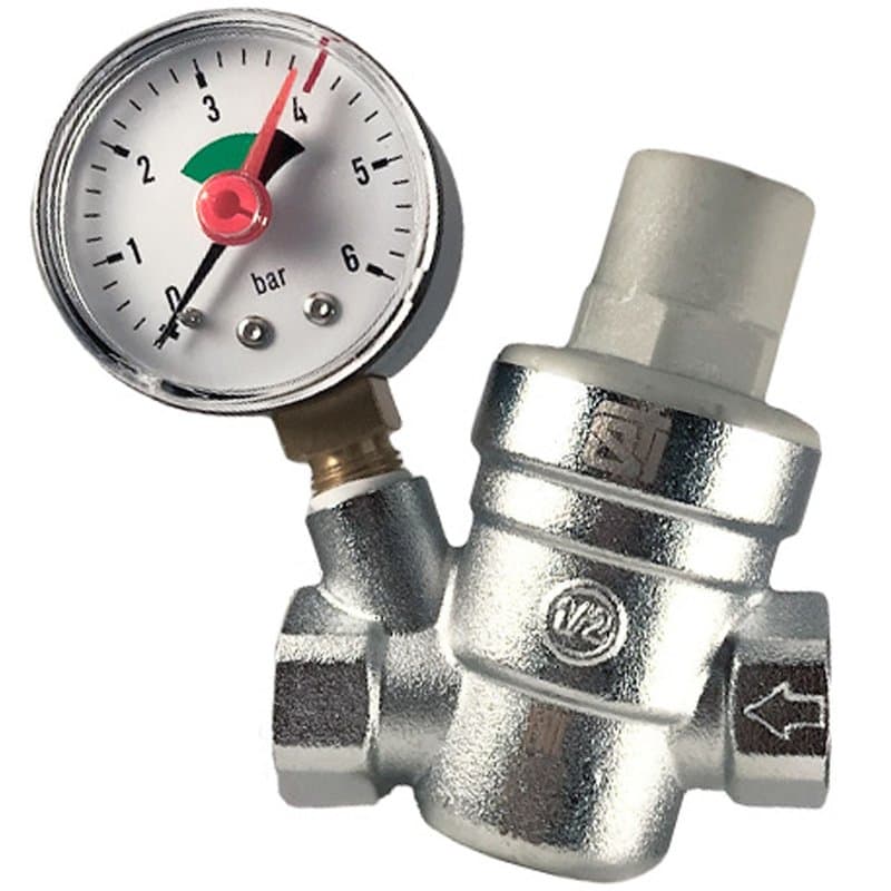 Редуктор давления воды STI 3/4″ Ду20 Ру16 с манометром 1-6 бар, латунь, внутренняя резьба, уплотнение EPDM