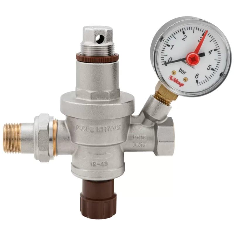 Клапан подпиточный ITAP 146 1/2″ Ду15 Ру16, с манометром и разъемным соединением, присоединение – внутренняя/наружная резьба, корпус – никелированная латунь