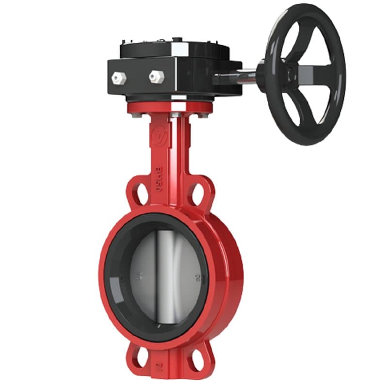 Затвор пожарный поворотный дисковый Dendor 017W красный Ду300 Ру16 межфланцевый с концевыми выключателями открыто/закрыто, с редуктором, корпус - чугун