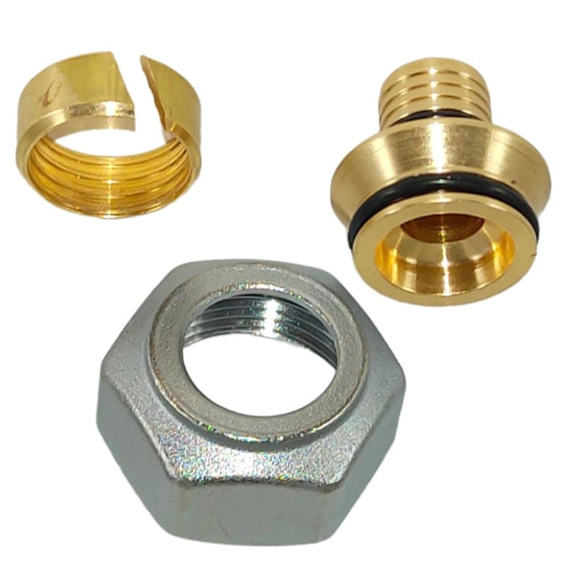 Адаптер зажимной Giacomini R179E Дн16x2.0-G3/4″ Ру10 латунный, с накидной гайкой, внутренняя резьба (евроконус), для металлопластиковых труб