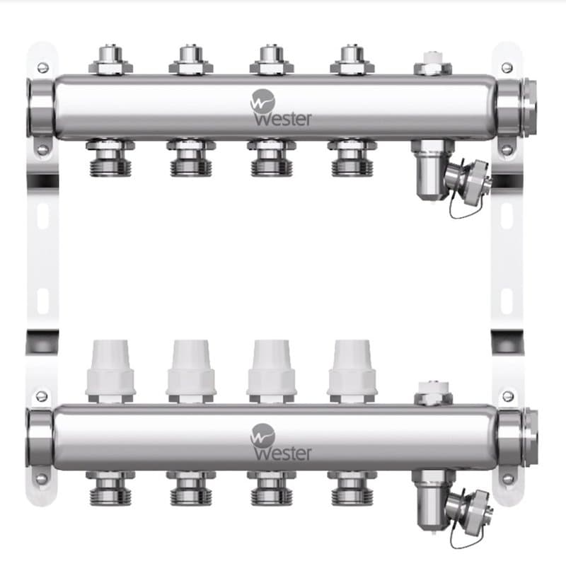 Коллекторная группа Wester W903 1″x3/4″x5 Ру10 из нержавеющей стали с регулирующими вентилями и запорными клапанами