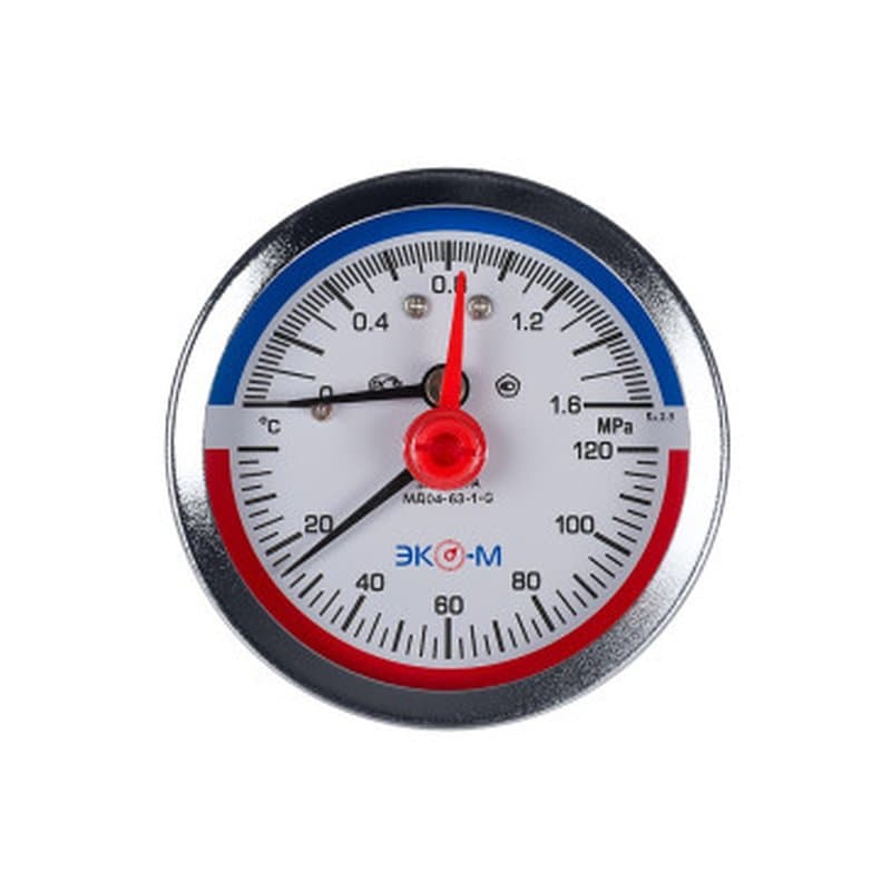 Термоманометр Экомера МД04-80 мм 1,6МПа 120°С G1/4 L=40 мм с переходником на G1/2 осевой