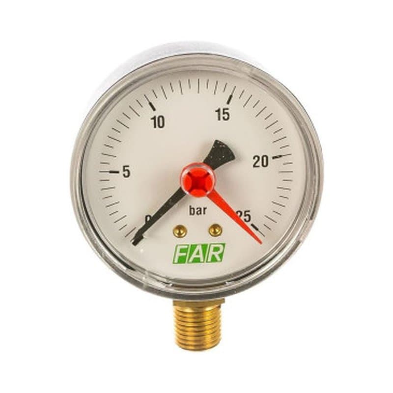 Манометр FAR FA 2501 (0-25бар) G1/4 50 мм, тип - FA 2501, радиальное присоединение, 0-25 бар, резьба G1/4, класс точности 1.6