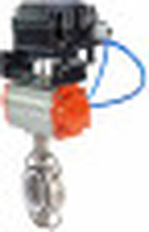 Затвор дисковый поворотный 316L-316L-PTFE Ду150 Ру16, нержавеющая сталь, PTFE, с пневмоприводом DA-130 двойного действия и с электропневматическим поворотным позиционером YT-1000RSN без обратной связи