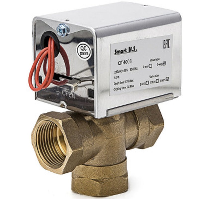 Кран шаровой 3-ходовой SMART QT40083 1 Ду25 Ру16 зональный, полнопроходной, муфтовый, латунный, с электроприводом 220 В