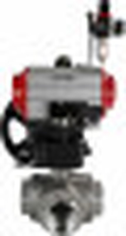 Кран шаровой нержавеющий 3-ходовой L-тип стандартнопроходной RP.SS316.200.MM.025-ISO Ду25 Ру63 SS316 муфтовый с ISO фланцем, пневмоприводом DA-052, пневмораспределителем 4M310-08 24 В, БКВ APL-410N EX, ручным дублером HDM-1 и БПВ AFC2000