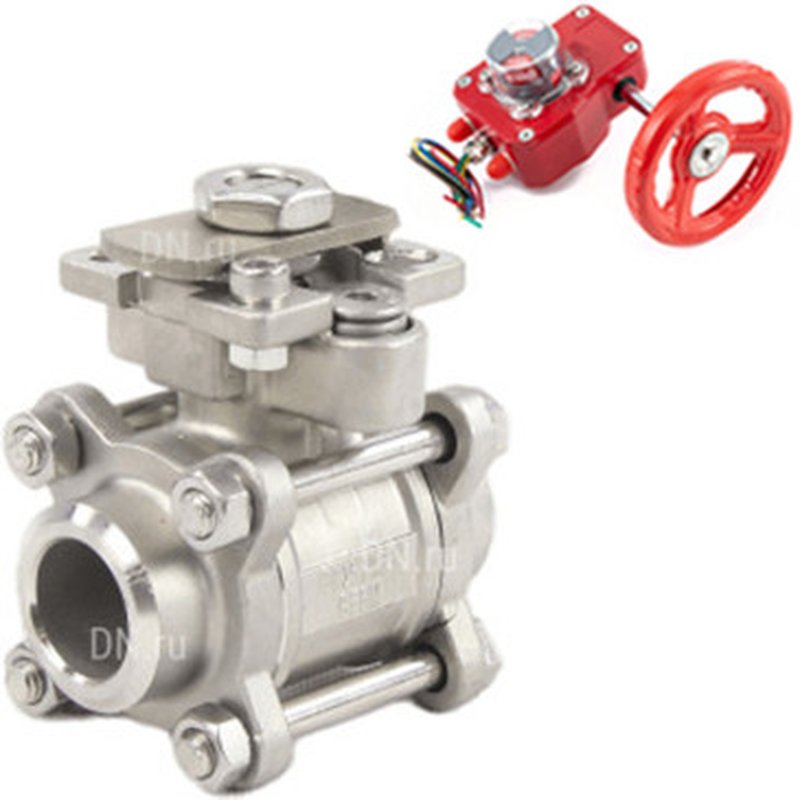 Кран шаровой полнопроходной КШПП 316.200-ISO Ду65 Ру63 под приварку, материал корпуса - нержавеющая сталь SS316 с ISO фланцем и редуктором HGBF-2 с индикатором положения и датчиком обратной связи