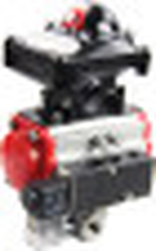 Кран шаровой нержавеющий 3-ходовой T-тип стандартнопроходной RP.SS316.200.MM.020-ISO Ду20 Ру63 SS316 муфтовый, пневмоприводом SA-052, пневмораспределителем 4M310-08 220В и блоком концевых выключателей APL-410N EX