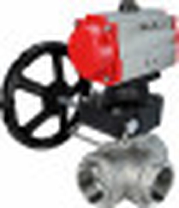 Кран шаровой нержавеющий 3-ходовой L-тип стандартнопроходной RP.SS316.200.MM.010-ISO Ду10 Ру63 SS316 муфтовый, пневмоприводом SA-065 и ручным дублером HDM-1