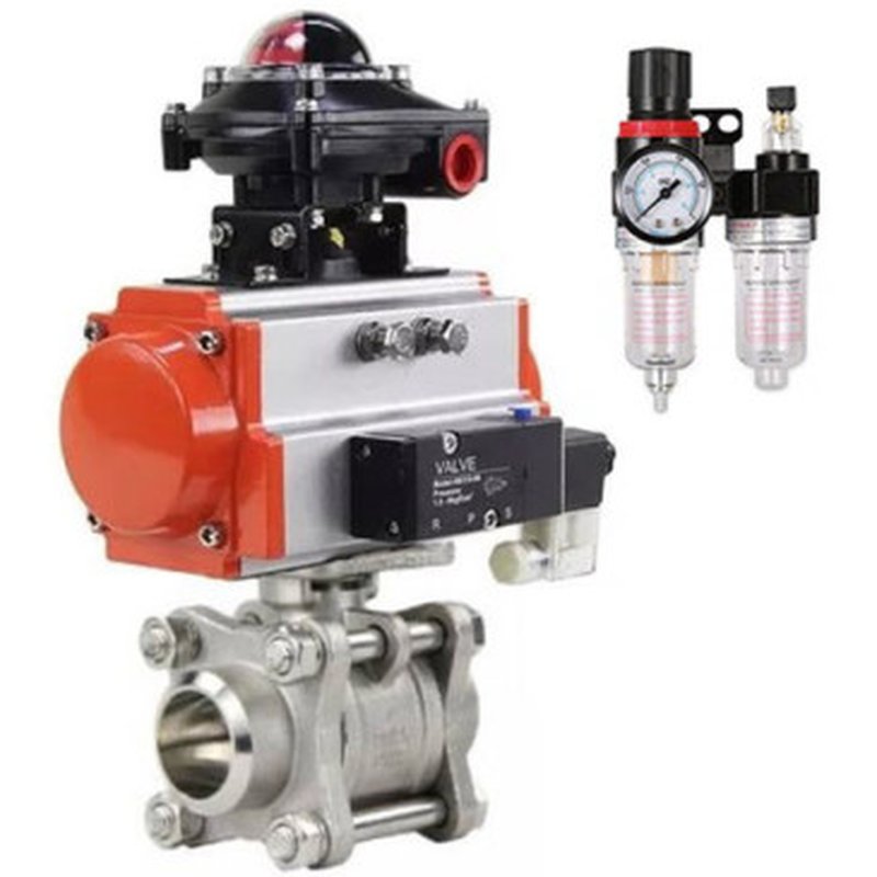 Кран шаровой КШПП 316.200-ISO Ду10 Ру63 полнопроходной, нержавеющая сталь SS316, под приварку, с пневмоприводом SA-052, пневмораспределителем 4V320-08 AC220V, БКВ APL-210N и БПВ AFC2000