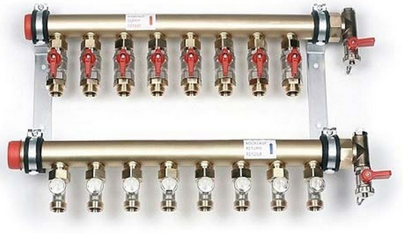Коллекторная группа Rehau Rautitan IVK 1 1/4″-1/2″ 4 вых, корпус - никелированная латунь DZR, с шаровыми кранами на подающей линии