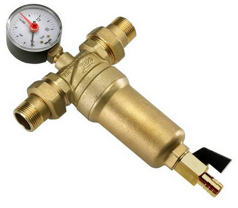 Фильтр TIEMME 3130N 1/2″ Ду15 Ру25 самопромывной с манометром, корпус - латунь CW617N, уплотнение - NBR, присоединение - резьба