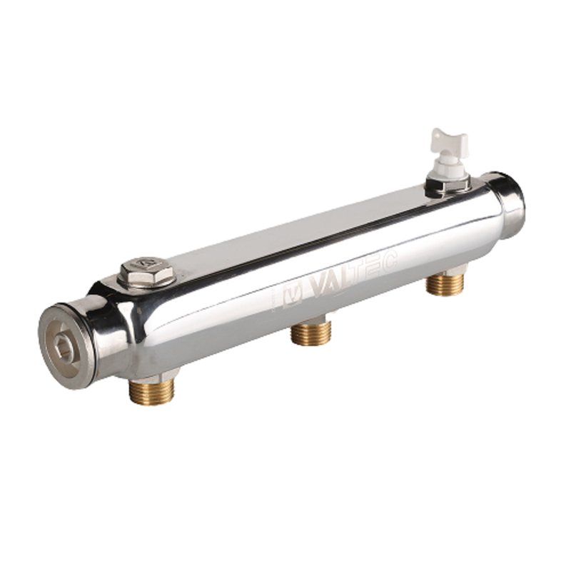 Коллектор Valtec VTc.510.SS.060402 1″ Ду25 выходов-2x1/2″ Py10 внутренняя резьба, выходы наружная резьба, корпус нержавеющая сталь, с межосевым расстоянием выходов 100 мм