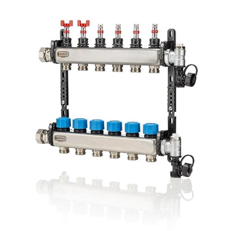 Коллекторная группа HENCO UFH-0605MDSS 1″x3/4″x2 Ду25х20 Ру10 нержавеющая сталь с расходомерами, воздухоотводчиком, дренажом и клапаном заполнения