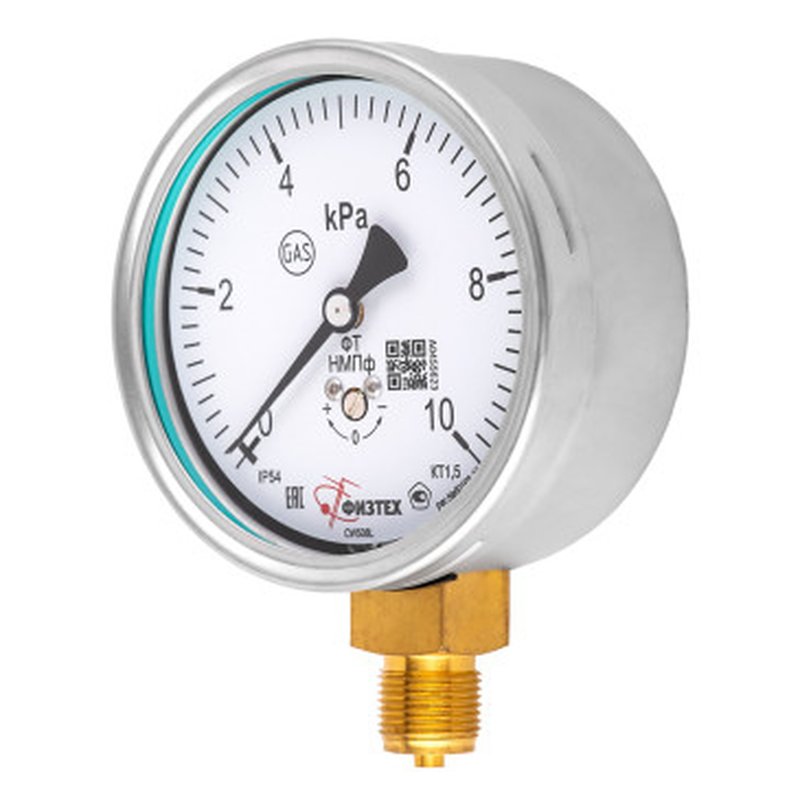 Манометр низкого давления ФИЗТЕХ НМПф 0-16 кПа IP54, 100 мм, резьба G1/2, класс точности - 1.5, радиальный штуцер