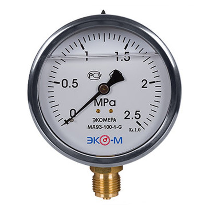 Манометр радиальный гидрозаполненный ЭКОМЕРА МД93-100 шкала от 0-2.5 МПа, корпус 100 мм, присоединение G1/2
