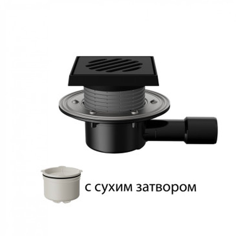 Трап регулируемый Fachmann T-510-PDsG Дн40/50 150x150мм чугунная решетка, сухой затвор, подрамник из чугуна, с фланцем, горизонтальный выпуск
