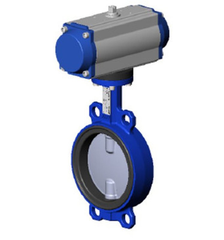 Затвор дисковый поворотный Tecofi TECFLY VPI 4449-N03 Ду150 Ру16 межфланцевый, корпус - чугун, диск - нержавеющая сталь, уплотнение - EPDM, с пневмопривдом двойного действия