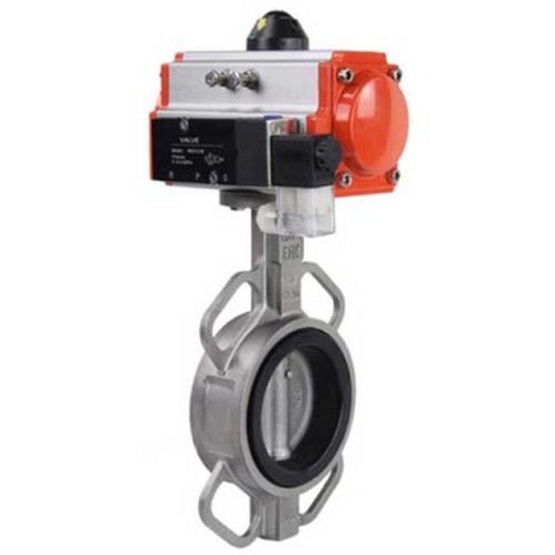 Затвор дисковый поворотный 316L-316L-VITON Ду100 Ру16, нержавеющая сталь, уплотнение - VITON, с пневмоприводом DA-083 и пневмораспределителем 4M310-08 24V
