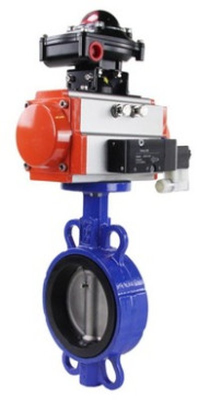Затвор дисковый поворотный GGG50-316L-EPDM Ду40 Ру16 корпус - чугун GGG50, диск - сталь 316L, EPDM, с пневмоприводом DA-052 двойного действия, пневмораспределителем 4M310-08 220V и блоком концевых выключателей APL-210N